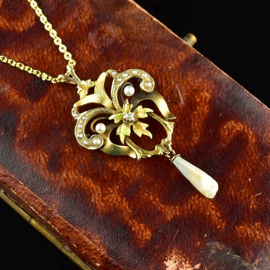 Antique Diamond Pearl 10K Gold Floral Lavalier Necklace