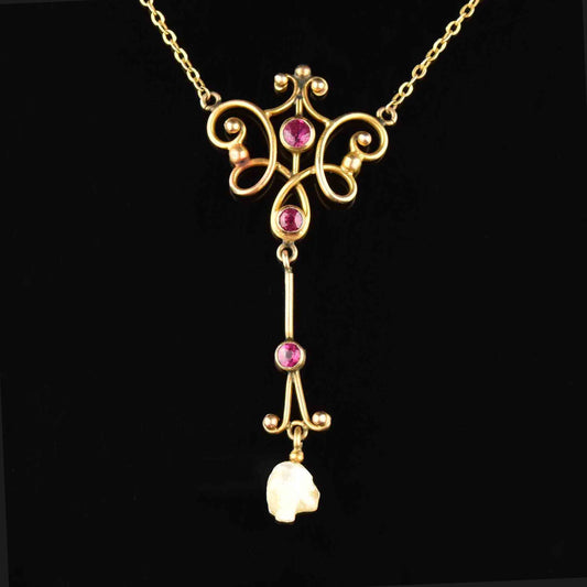 Antique Edwardian 10K Gold Pearl Ruby Necklace