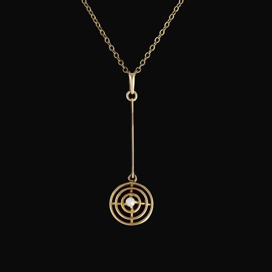 Antique Art Deco 14K Gold Pearl Target Lavalier Pendant Necklace